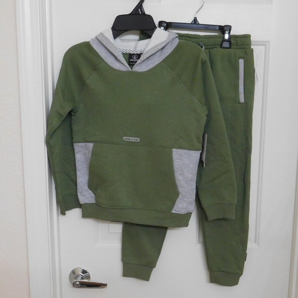 2pc Volcom Olive Green Gray Hooded Sweatshirt & Joggers Set sz 7